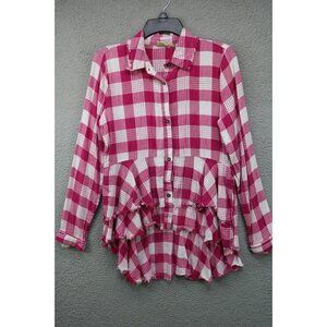 True Craft Pink White Plaid Long Sleeve Button-Up Top-Hi Lo-Medium-Fringe-Boho